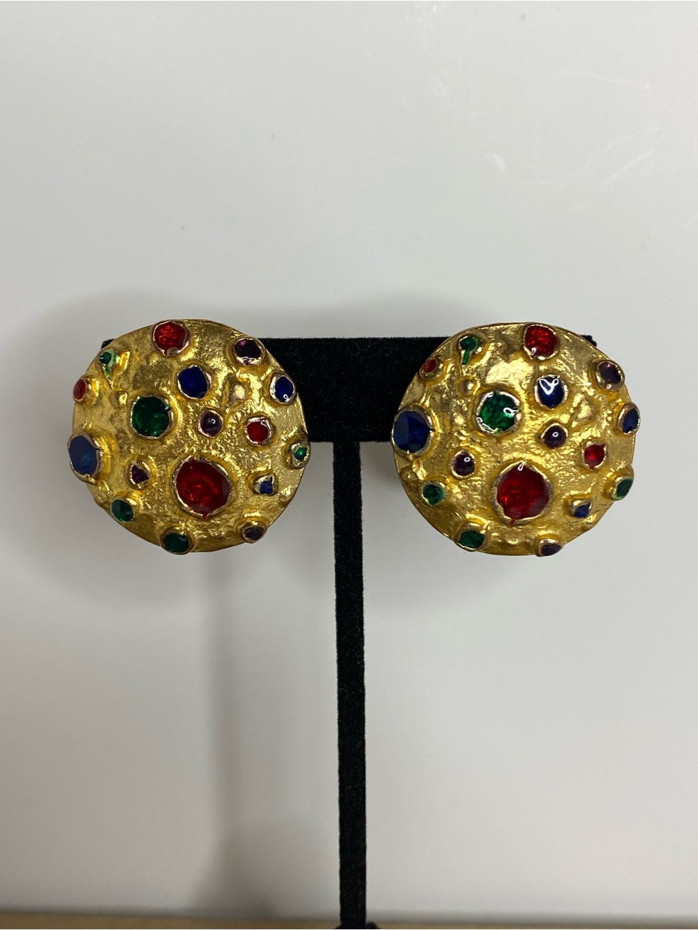 Vintage 80s Gold Tone Multicolor Cabochon Clip-On Earrings Bold Brutalist Style